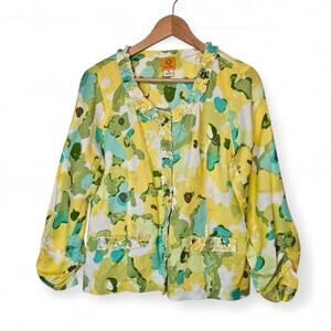 Ruby Rd Womens Linen Blend Rosette Ruffle Sequin Artsy Blazer Jacket Size 10
